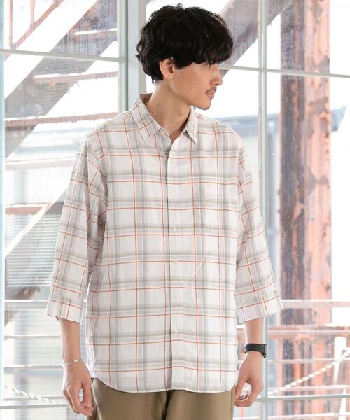 coen（コーエン）の「ヨクバリネン・チェック7分袖シャツ（シャツ/ブラウス・メンズ・ホワイト/オフホワイト/ライトブルー/ネイビー・LARGE/MEDIUM/X-LARGE/SMALL）」の5枚目の写真