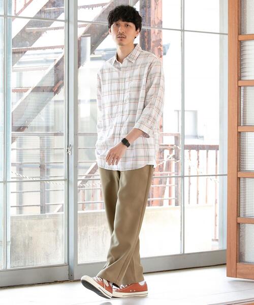 coen（コーエン）の「ヨクバリネン・チェック7分袖シャツ（シャツ/ブラウス・メンズ・ホワイト/オフホワイト/ライトブルー/ネイビー・LARGE/MEDIUM/X-LARGE/SMALL）」の6枚目の写真