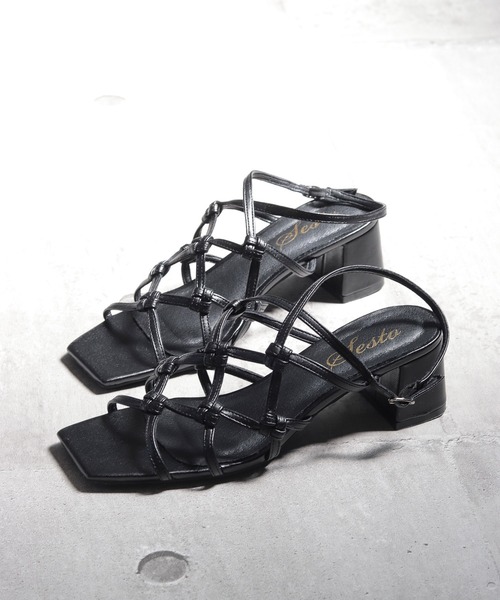 SESTO(セスト)の「編み上げストラップミドルヒールサンダル(サンダル・レディース・ブラック/レッド/アイボリー/キャメル・LL/3L/S/M/L)」の1枚目の写真