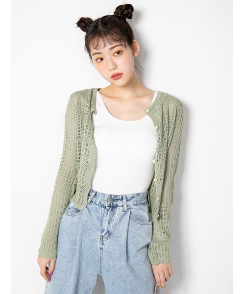fifth（フィフス）の「透かし編みコンパクトショートカーデガン（カーディガン/ボレロ・レディース・ホワイト/グリーン・MEDIUM）」の2枚目の写真