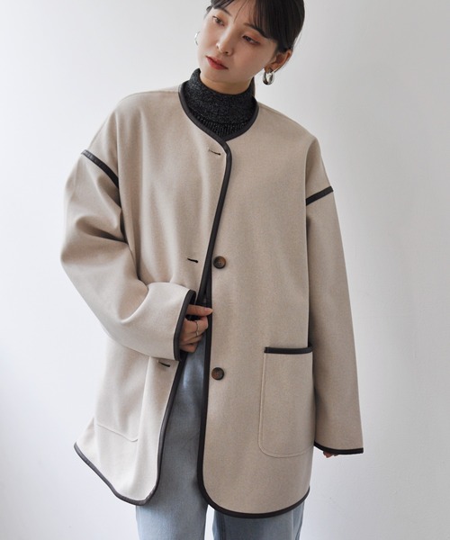Meli rich(メリーリッチ)の「ニットモッサノーカラーパイピングコート(ノーカラーコート・レディース・アイボリー/ベージュ/ブラウン/ベージュ系その他/ブラウン系その他/オフホワイト/ホワイト系その他/ベージュ系/ブラウン系/チャコールグレー・MEDIUM)」の17枚目の写真