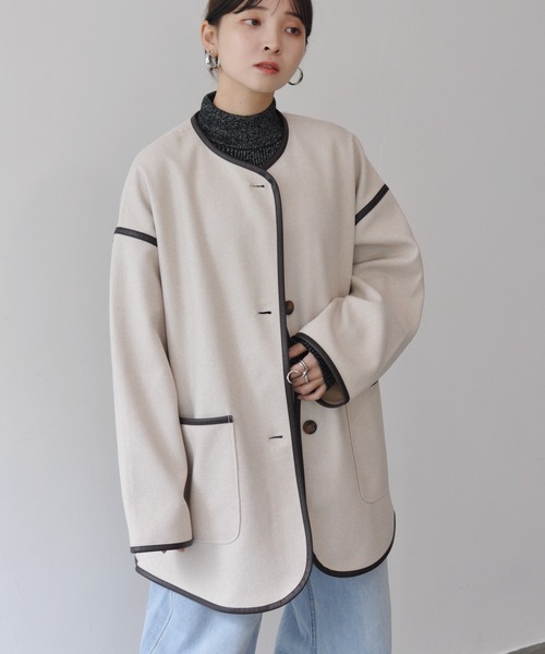 Meli rich(メリーリッチ)の「ニットモッサノーカラーパイピングコート(ノーカラーコート・レディース・アイボリー/ベージュ/ブラウン/ベージュ系その他/ブラウン系その他/オフホワイト/ホワイト系その他/ベージュ系/ブラウン系/チャコールグレー・MEDIUM)」の18枚目の写真