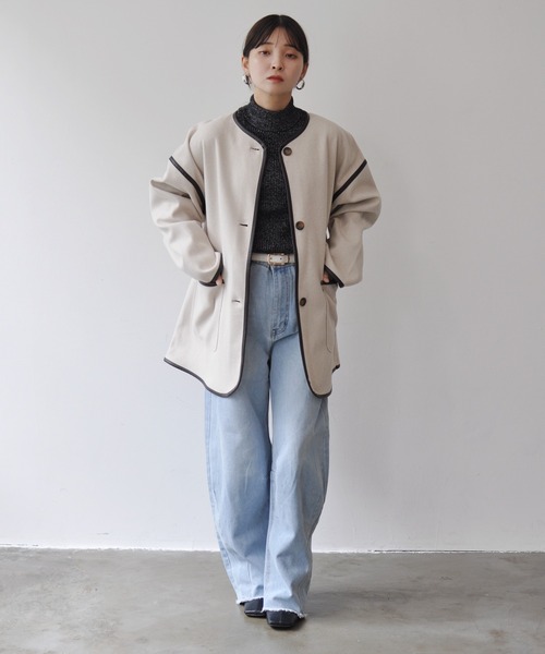 Meli rich(メリーリッチ)の「ニットモッサノーカラーパイピングコート(ノーカラーコート・レディース・アイボリー/ベージュ/ブラウン/ベージュ系その他/ブラウン系その他/オフホワイト/ホワイト系その他/ベージュ系/ブラウン系/チャコールグレー・MEDIUM)」の22枚目の写真