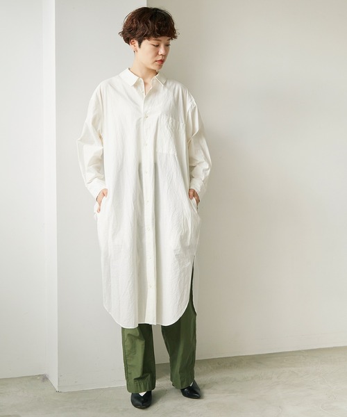 note et silence （ノートエシロンス）の「60/-タイプライター伊吹染め　サイドタックシャツワンピース（シャツワンピース・レディース・ホワイト・FREE）」の8枚目の写真