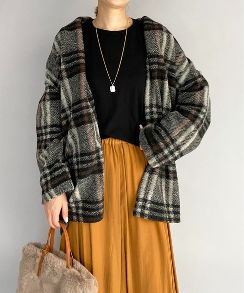 PICCIN（ピッチン）の「イタリアンエアリーチェック柄ガウン（その他アウター・レディース・グリーン/レンガ・M）」の8枚目の写真