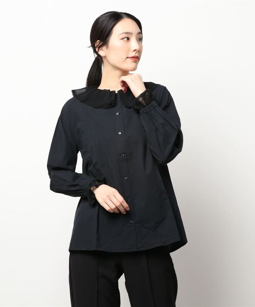 Samansa Mos2（サマンサ モスモス）の「襟シフォンコットンボイルブラウス（シャツ/ブラウス・レディース・ブラック/キナリ/オフホワイト・ﾌﾘ-）」の3枚目の写真