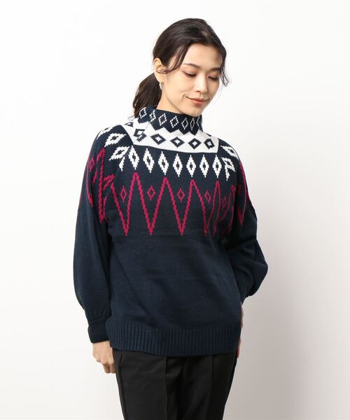 KOBE LETTUCE（コウベレタス）の「ノルディック柄モックネックもっちりニットプルオーバートップス[C5522]（ニット/セーター・レディース・ネイビー/アイボリー/チャコール・FREE）」の3枚目の写真