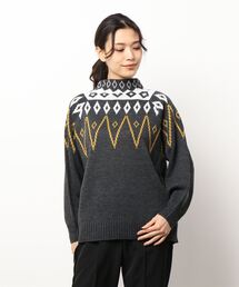 ノルディック柄モックネックもっちりニットプルオーバートップス[C5522]