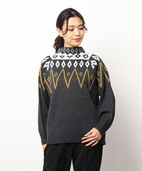KOBE LETTUCE（コウベレタス）の「ノルディック柄モックネックもっちりニットプルオーバートップス[C5522]（ニット/セーター・レディース・ネイビー/アイボリー/チャコール・FREE）」の2枚目の写真
