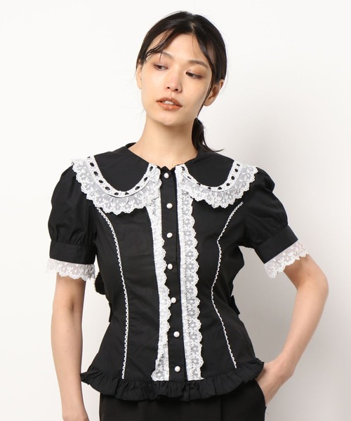 BODYLINE（ボディライン）の「レース＆フリルレディース半袖ブラウス（シャツ/ブラウス・レディース・ブラック/ベージュ/オフホワイト/ブラック×ホワイト/ライトピンク・2L/4L/M/L/S）」の4枚目の写真