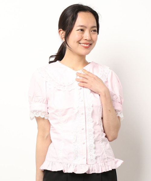 BODYLINE（ボディライン）の「レース＆フリルレディース半袖ブラウス（シャツ/ブラウス・レディース・ブラック/ベージュ/オフホワイト/ブラック×ホワイト/ライトピンク・2L/4L/M/L/S）」の5枚目の写真