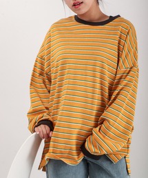 マルチボーダーロングスリーブトリムネック長袖Tシャツ