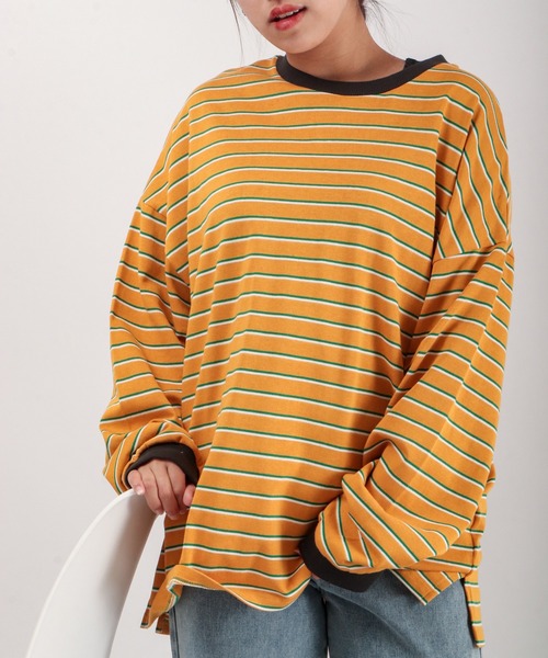 ATELANE(アテレーン)の「マルチボーダーロングスリーブトリムネック長袖Tシャツ(Tシャツ/カットソー・メンズ・ホワイト/イエロー/ブルー・M/L)」の2枚目の写真