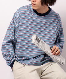 マルチボーダーロングスリーブトリムネック長袖Tシャツ