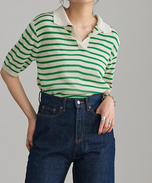 KOBE LETTUCE（コウベレタス）の「カラーボーダースキッパーニット[C6284]（ニット/セーター・レディース・ブラック/グリーン/ピンク/ベージュ・FREE）」の4枚目の写真