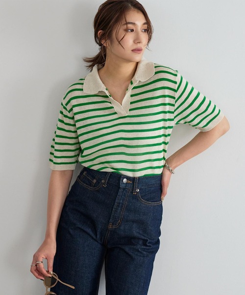 KOBE LETTUCE（コウベレタス）の「カラーボーダースキッパーニット[C6284]（ニット/セーター・レディース・ブラック/グリーン/ピンク/ベージュ・FREE）」の5枚目の写真