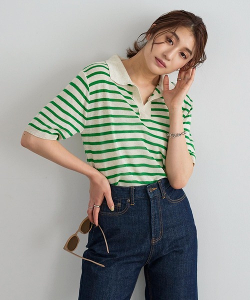 KOBE LETTUCE（コウベレタス）の「カラーボーダースキッパーニット[C6284]（ニット/セーター・レディース・ブラック/グリーン/ピンク/ベージュ・FREE）」の6枚目の写真