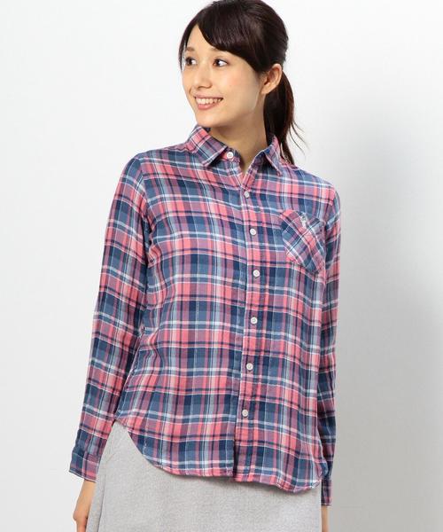 coen（コーエン）の「ダブルガーゼラメチェックシャツ（シャツ/ブラウス・レディース・ケリー/ピンク/オレンジ・LARGE/MEDIUM）」の2枚目の写真