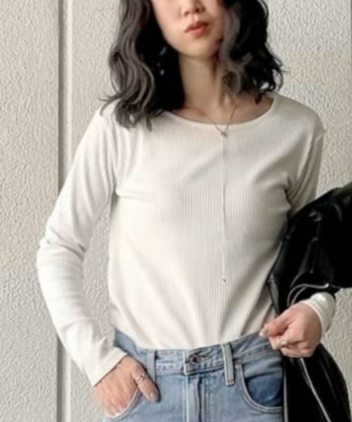 HONEYSUCKLE ROSE（ハニーサックルローズ）の「【HONEYSUCKLE ROSE】リブクルーロンＴ（Tシャツ/カットソー・レディース・ホワイト/カーキブラウン/ブラック・S/M/L）」の2枚目の写真