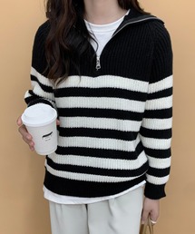 ハーフジップボーダーニットプルオーバー