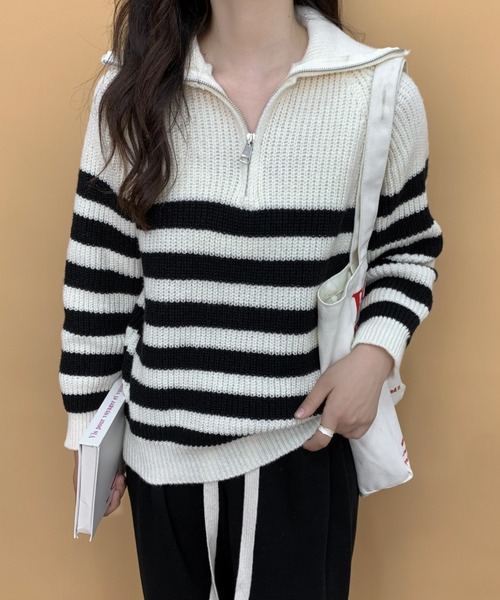 ECLIN（エクラン）の「ハーフジップボーダーニットプルオーバー（ニット/セーター・レディース・ブラック/アイボリー・FREE）」の12枚目の写真
