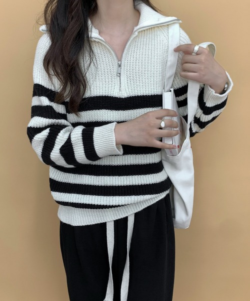 ECLIN（エクラン）の「ハーフジップボーダーニットプルオーバー（ニット/セーター・レディース・ブラック/アイボリー・FREE）」の13枚目の写真