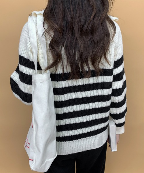 ECLIN（エクラン）の「ハーフジップボーダーニットプルオーバー（ニット/セーター・レディース・ブラック/アイボリー・FREE）」の16枚目の写真