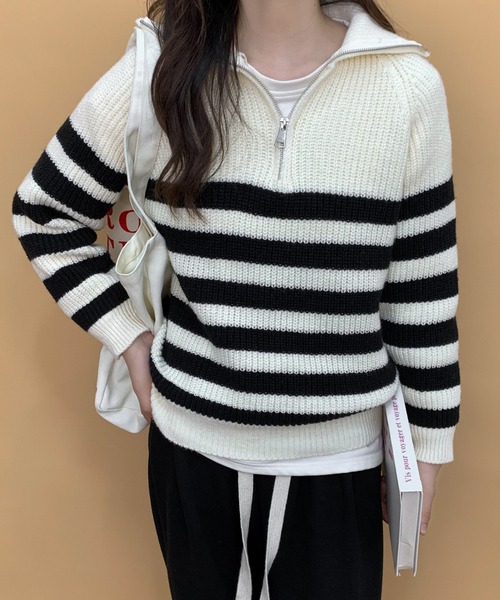 ECLIN（エクラン）の「ハーフジップボーダーニットプルオーバー（ニット/セーター・レディース・ブラック/アイボリー・FREE）」の17枚目の写真
