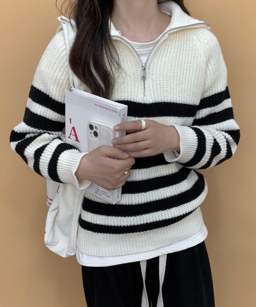 ECLIN（エクラン）の「ハーフジップボーダーニットプルオーバー（ニット/セーター・レディース・ブラック/アイボリー・FREE）」の18枚目の写真