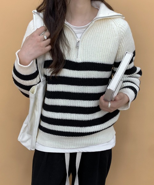 ECLIN（エクラン）の「ハーフジップボーダーニットプルオーバー（ニット/セーター・レディース・ブラック/アイボリー・FREE）」の19枚目の写真