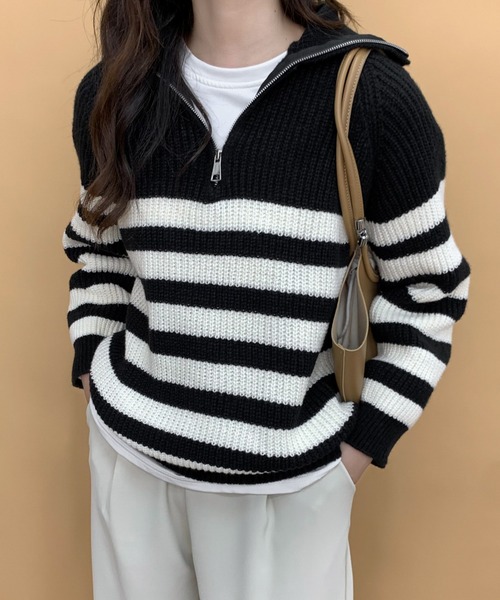 ECLIN（エクラン）の「ハーフジップボーダーニットプルオーバー（ニット/セーター・レディース・ブラック/アイボリー・FREE）」の5枚目の写真