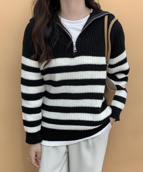 ECLIN（エクラン）の「ハーフジップボーダーニットプルオーバー（ニット/セーター・レディース・ブラック/アイボリー・FREE）」の6枚目の写真
