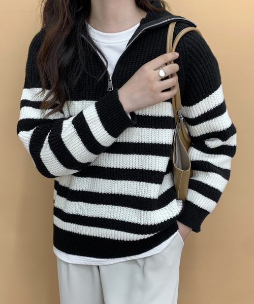 ECLIN（エクラン）の「ハーフジップボーダーニットプルオーバー（ニット/セーター・レディース・ブラック/アイボリー・FREE）」の7枚目の写真