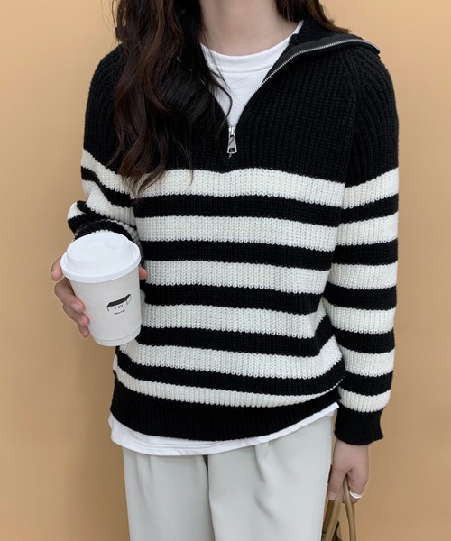 ECLIN（エクラン）の「ハーフジップボーダーニットプルオーバー（ニット/セーター・レディース・ブラック/アイボリー・FREE）」の8枚目の写真