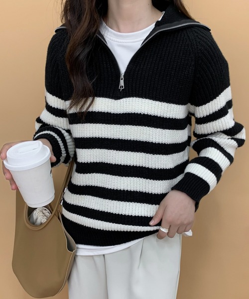 ECLIN（エクラン）の「ハーフジップボーダーニットプルオーバー（ニット/セーター・レディース・ブラック/アイボリー・FREE）」の9枚目の写真