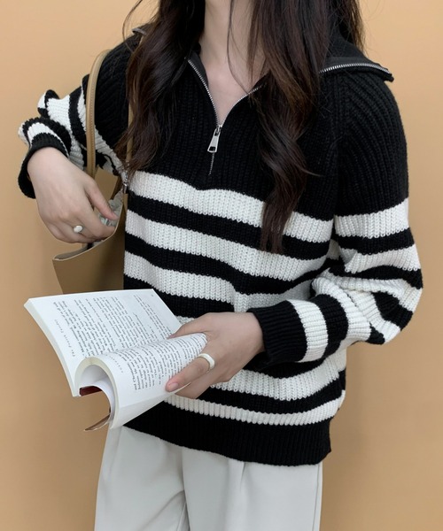 ECLIN（エクラン）の「ハーフジップボーダーニットプルオーバー（ニット/セーター・レディース・ブラック/アイボリー・FREE）」の10枚目の写真