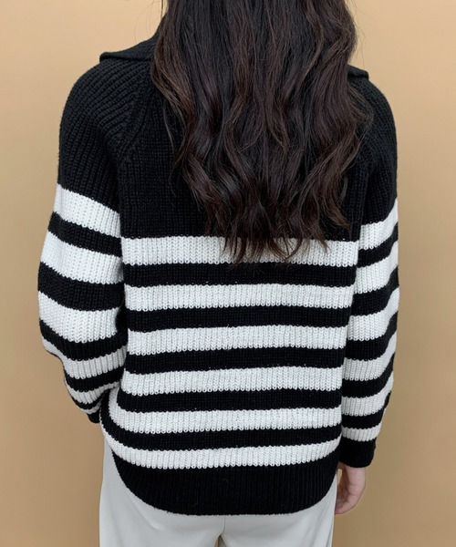 ECLIN（エクラン）の「ハーフジップボーダーニットプルオーバー（ニット/セーター・レディース・ブラック/アイボリー・FREE）」の11枚目の写真