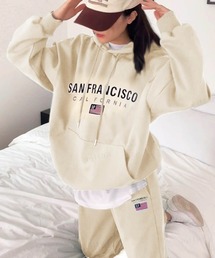 Dalfwin | 2022 AW 秋冬 韓国ファッション スウェット セット レディース【上下セット】SANFRANCISCO刺繍ロゴセットアップ パーカー スウェットパンツ トレーナ(ルームウェア/パジャマ)
