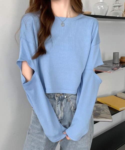 Amulet(アミュレット)の「ショート丈カットソー(Tシャツ/カットソー・レディース・ブラック/ブルー/イエロー/パープル/グリーン/ホワイト・FREE)」の4枚目の写真