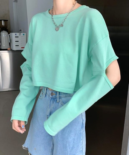 Amulet(アミュレット)の「ショート丈カットソー(Tシャツ/カットソー・レディース・ブラック/ブルー/イエロー/パープル/グリーン/ホワイト・FREE)」の1枚目の写真