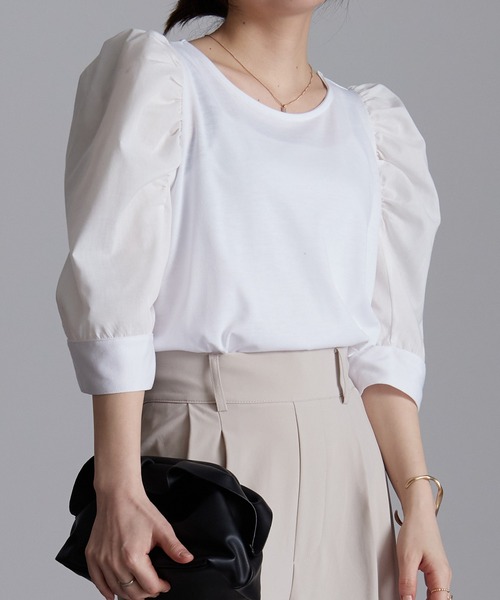 RANAN(ラナン)の「ひんやり!異素材使いパワーショルダープル(Tシャツ/カットソー・レディース・ブラック/ライトグレー/オフホワイト・M/LL/L)」の2枚目の写真
