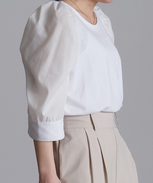 RANAN(ラナン)の「ひんやり!異素材使いパワーショルダープル(Tシャツ/カットソー・レディース・ブラック/ライトグレー/オフホワイト・M/LL/L)」の6枚目の写真