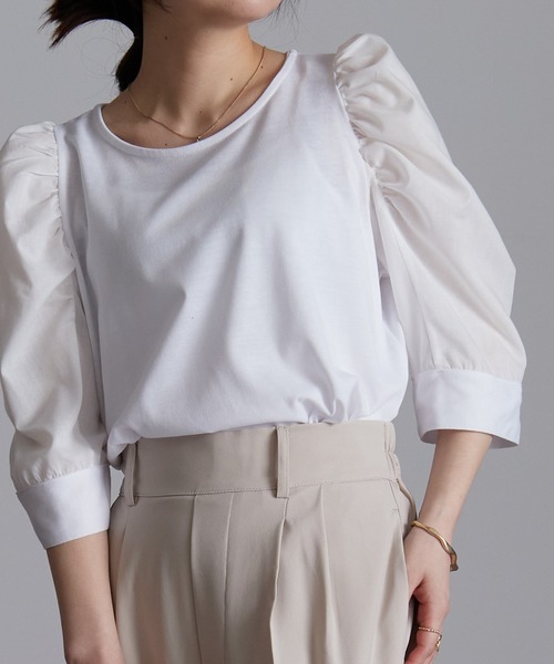 RANAN(ラナン)の「ひんやり!異素材使いパワーショルダープル(Tシャツ/カットソー・レディース・ブラック/ライトグレー/オフホワイト・M/LL/L)」の8枚目の写真