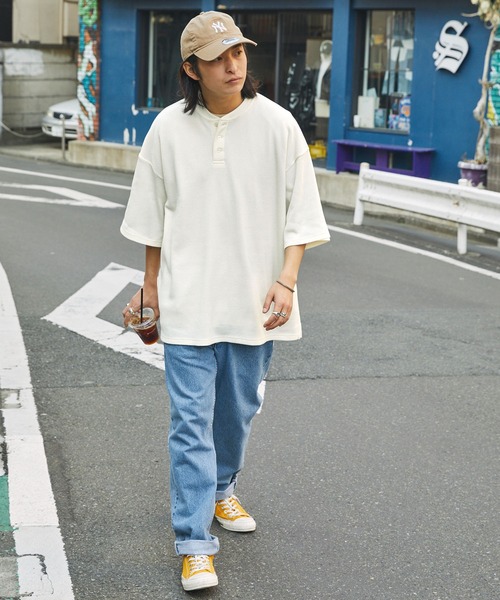 ワッフル ヘンリーネック Tシャツ 2色 ストリート 韓国 nr9789 セール】ビッグシルエット カラーリングワッフル ヘンリーネック