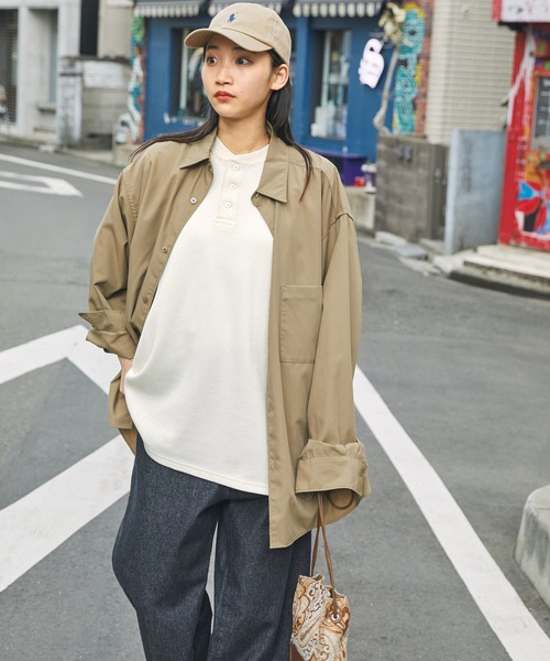 ビッグシルエット カラーリングワッフル ヘンリーネック半袖T