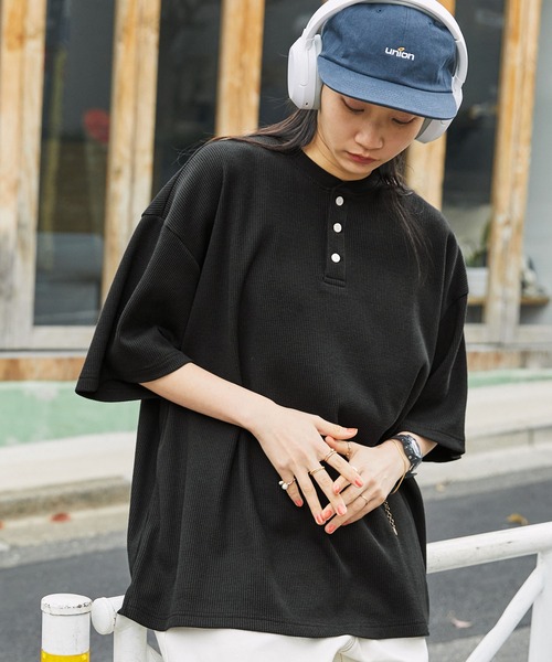 ワッフル ヘンリーネック Tシャツ 2色 ストリート 韓国 nr9789 LUXSTYLE tシャツ ワッフルヘンリーネックTシャツ メンズ