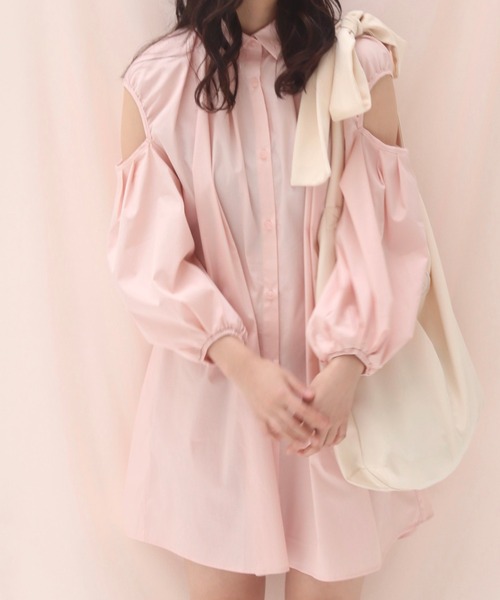 muguet(ミュゲ)の「open shoulder shirt onepiece(シャツワンピース・レディース・ピンク/ストライプ・FREE)」の1枚目の写真