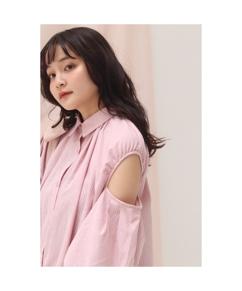 muguet(ミュゲ)の「open shoulder shirt onepiece(シャツワンピース・レディース・ピンク/ストライプ・FREE)」の7枚目の写真