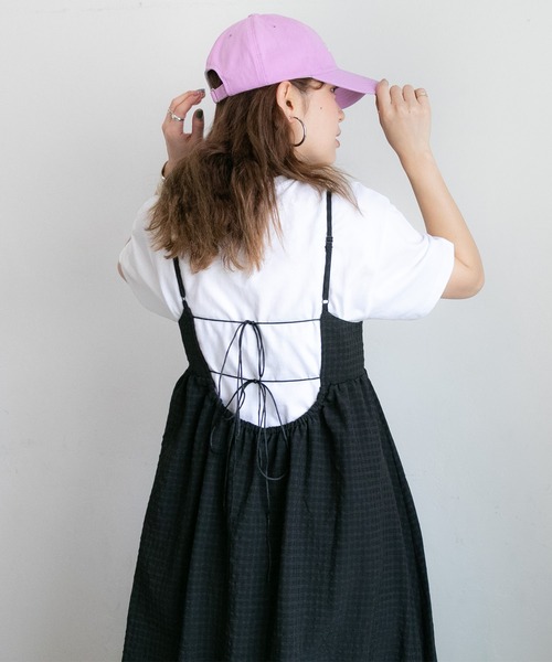 PICHI（ピイチ）の「バックデザインチェックキャミワンピース（ワンピース・レディース・ブラック/グリーン・FREE）」の6枚目の写真