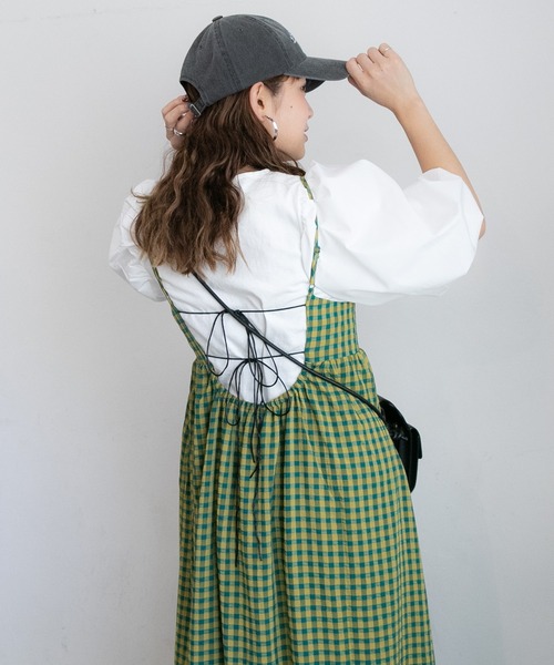 PICHI（ピイチ）の「バックデザインチェックキャミワンピース（ワンピース・レディース・ブラック/グリーン・FREE）」の19枚目の写真